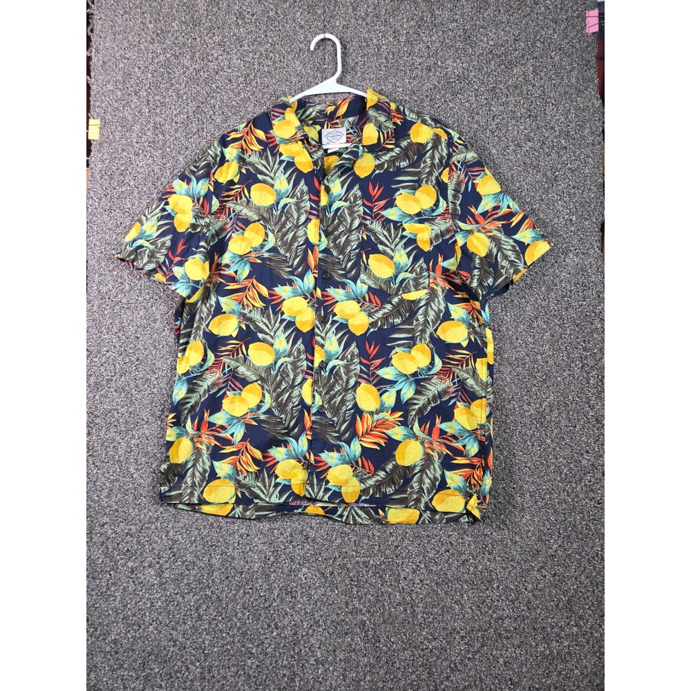 St Johns Bay Button‎ Down Shirt Mens Large Navy Lemon Tropical Floral Cotton S/S